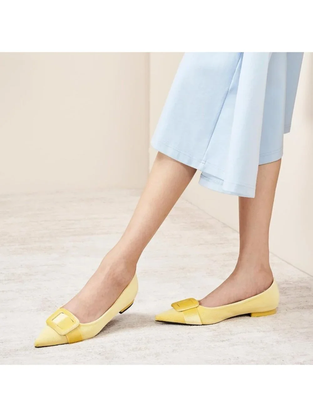 Women's Velvet Yellow Pointed Toe Square Buckle Flats Slip-On Comfortable Shoes